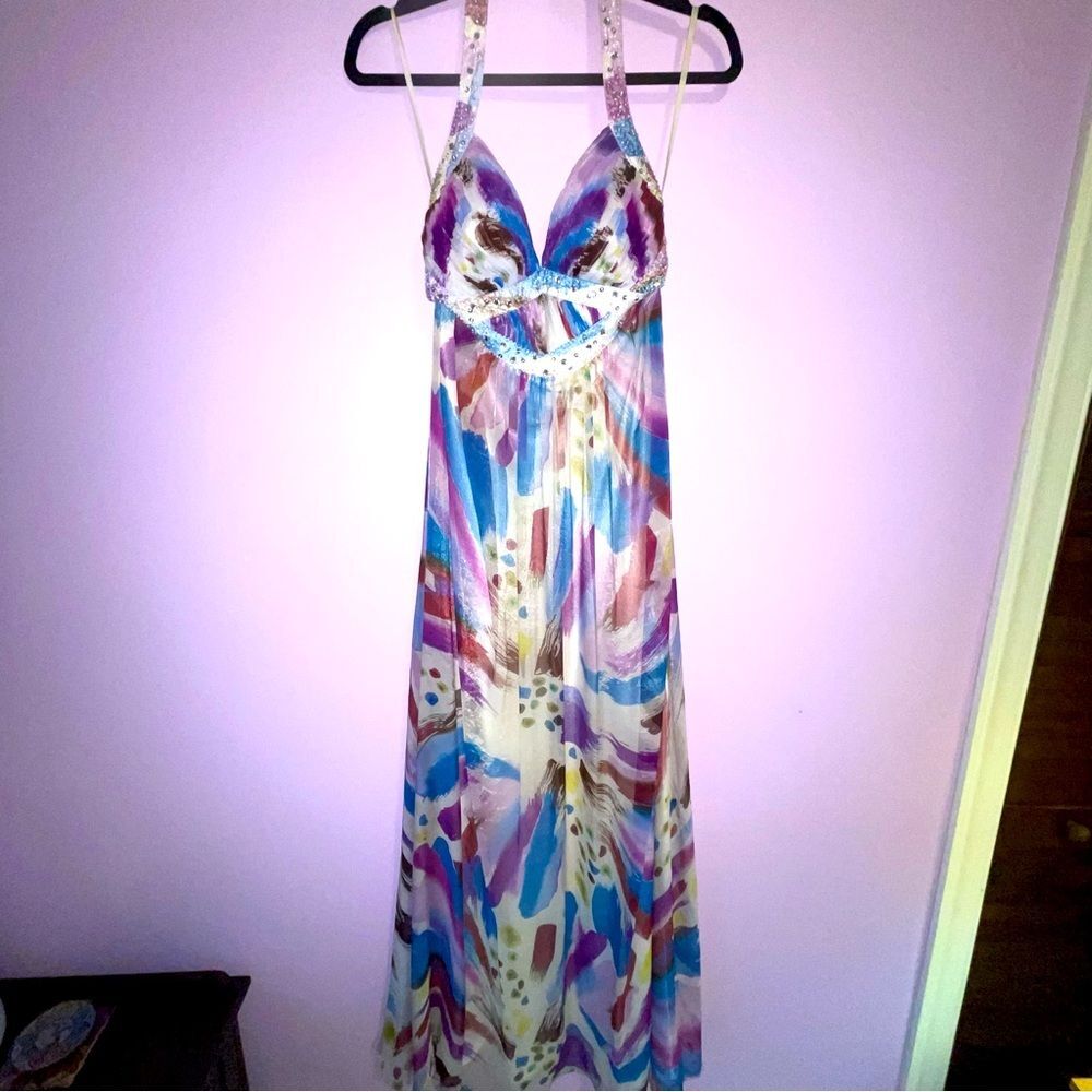 B Darlin Prom Dress Size 9 10 Halter Beaded Satin Maxi Purple Blue Chiffon